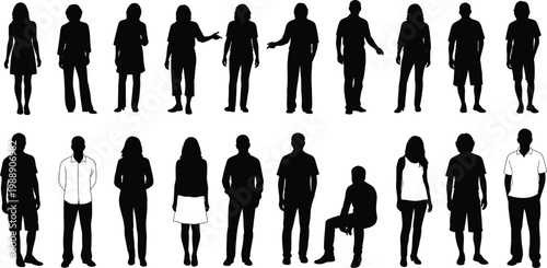 Human silhouettes, standing figures, seated posture, diverse clothing, demographic icons, posture variation, business attire, casual wear, design resource, identity concept