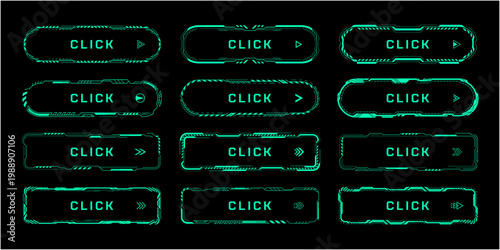 サイバーCTAボタンセット グリーンブルー 未来的UIクリックボタン ベクター素材