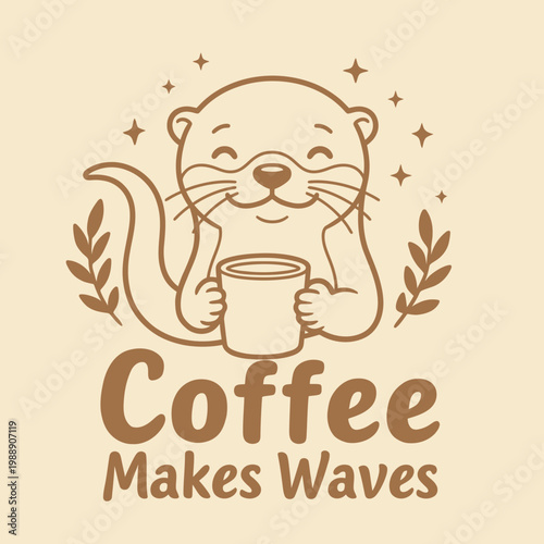 Otter Holding Coffee Cup Smiling.