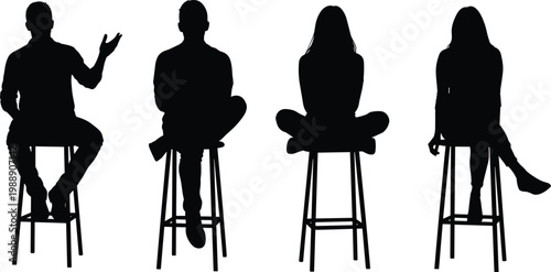 Seated stool silhouettes, human posture variation, casual sitting figures, expressive gestures, body language art, relaxed pose illustration concept
