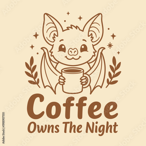 Smiling Bat Holding Coffee Mug.