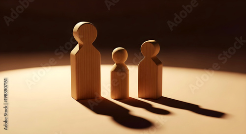 Wooden Family Figures with Dramatic Shadows in Spotlight