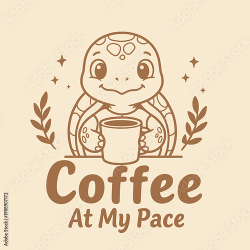 Turtle Holding Coffee Cup Smiling.