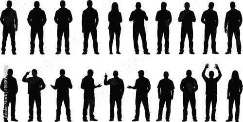 Standing silhouettes, human figures, gesture icons, posture variation, body language, casual stance, expressive movement, vector illustration, design resource, graphic asset