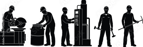 Industrial worker silhouettes, factory labor icons, construction figures, safety helmet posture, manual tasks, machinery operation, vector illustration, design resource, graphic asset