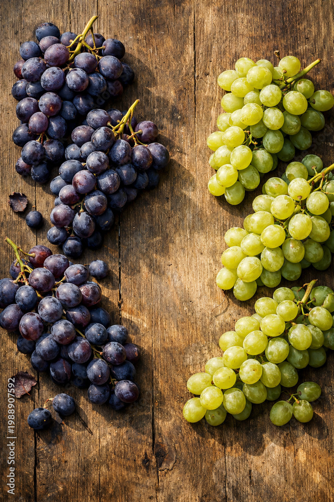 Fototapeta premium Uvas verdes e roxas sobre mesa rústica de madeira