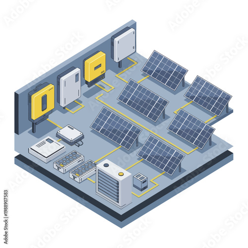 Isometric Solar Panel System with Inverters and Energy Storage.