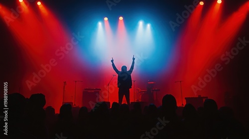 Concert crowd cheering for performer on stage with red and blue lights.