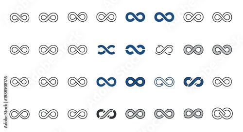 Set of infinity symbol icons, different styles of endless loop signs, vector illustration