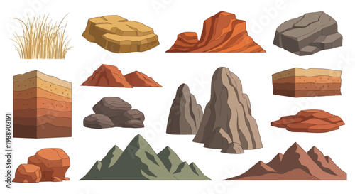 Set of various cartoon rocks, mountains, and soil layers