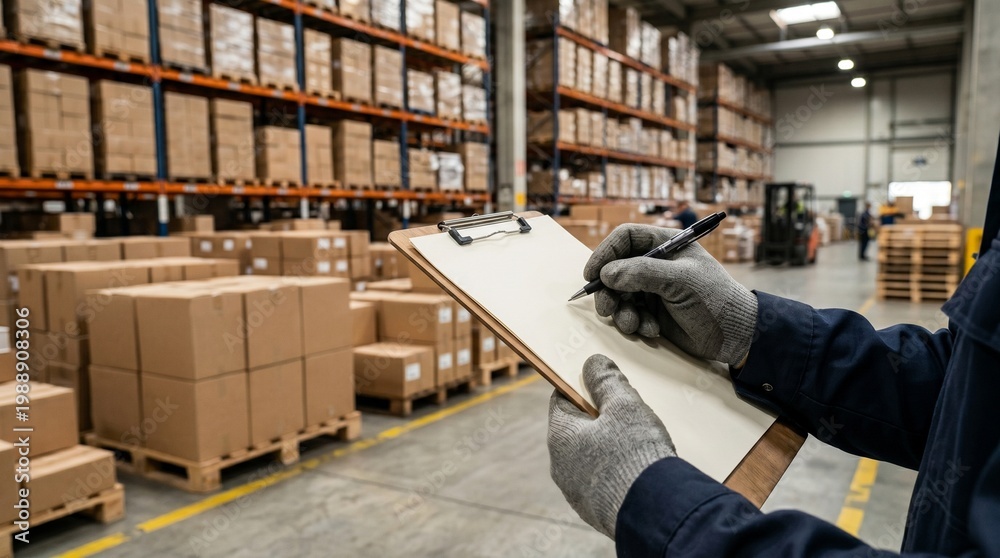 Fototapeta premium Hand Holding Clipboard Checking Inventory Warehouse Pallets Logistics