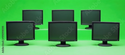 Multiple computer monitors arranged on a green background.