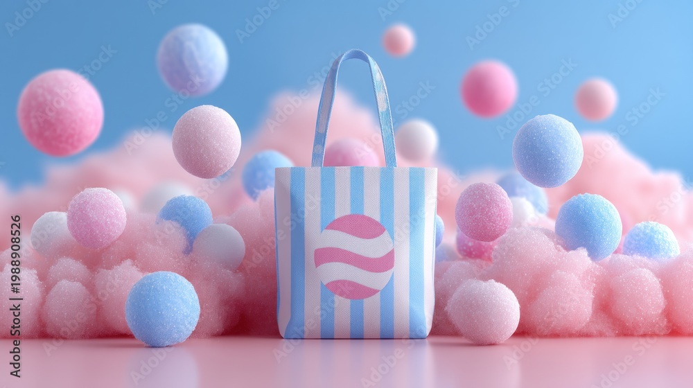 Obraz premium Pastel Striped Gift Bag Surrounded by Soft Cotton Balls