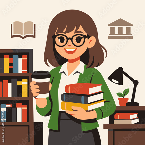 Cute Female Librarian with Coffee and Books
