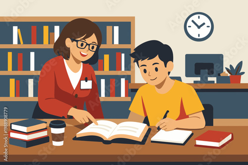 Librarian Helping Student in Library Vector