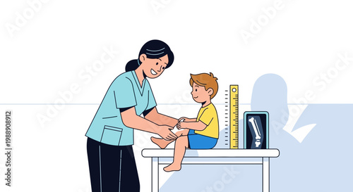 Pediatrician examining child's knee with X-ray and height chart in clinic