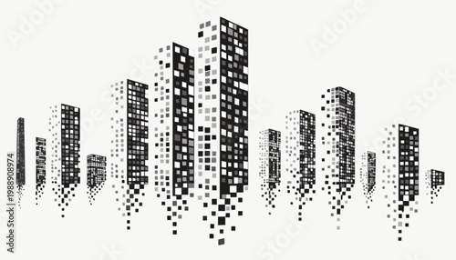 Modern pixel art city skyline skyscrapers black white monochrome vector