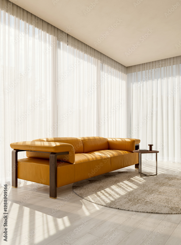 Obraz premium 3D render, illustration Luxury modern living room interior, realistic lighting, wide angle, contemporary furniture, clean lines, minimalist decor, elegant home design, large window