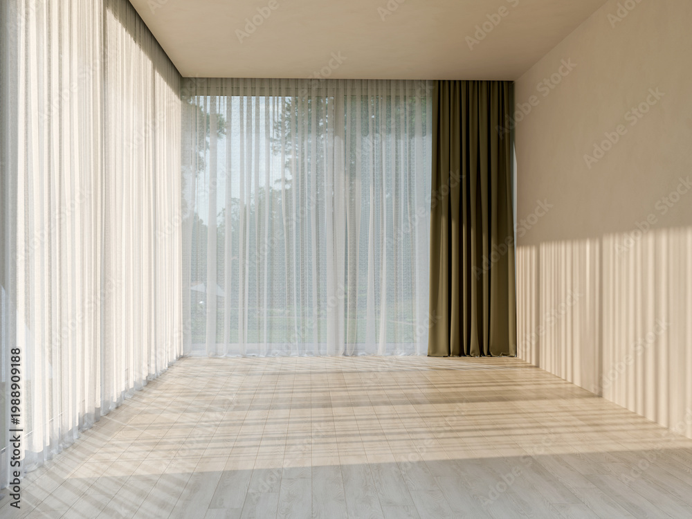 Obraz premium 3D render, illustration Luxury modern living room interior, realistic lighting, wide angle, contemporary furniture, clean lines, minimalist decor, elegant home design, large window