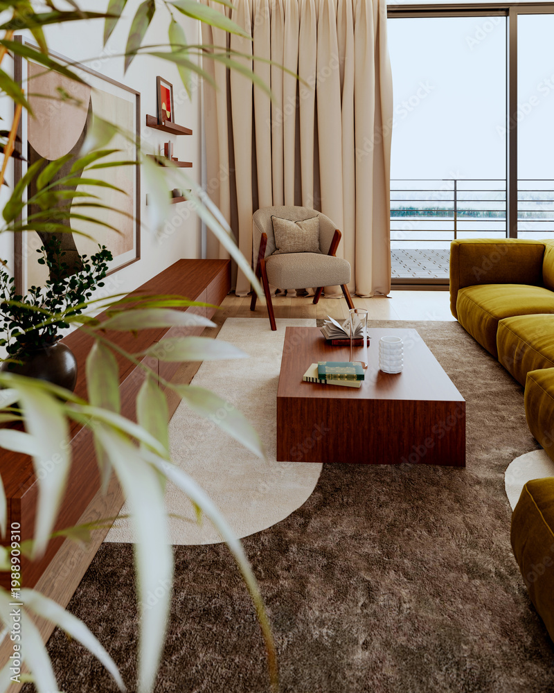 Obraz premium 3D render, illustration Luxury modern living room interior, realistic lighting, wide angle, contemporary furniture, clean lines, minimalist decor, elegant home design, large window