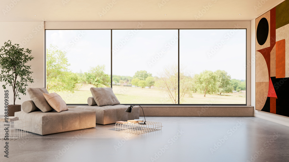 Naklejka premium 3D render, illustration Luxury modern living room interior, realistic lighting, wide angle, contemporary furniture, clean lines, minimalist decor, elegant home design, large window