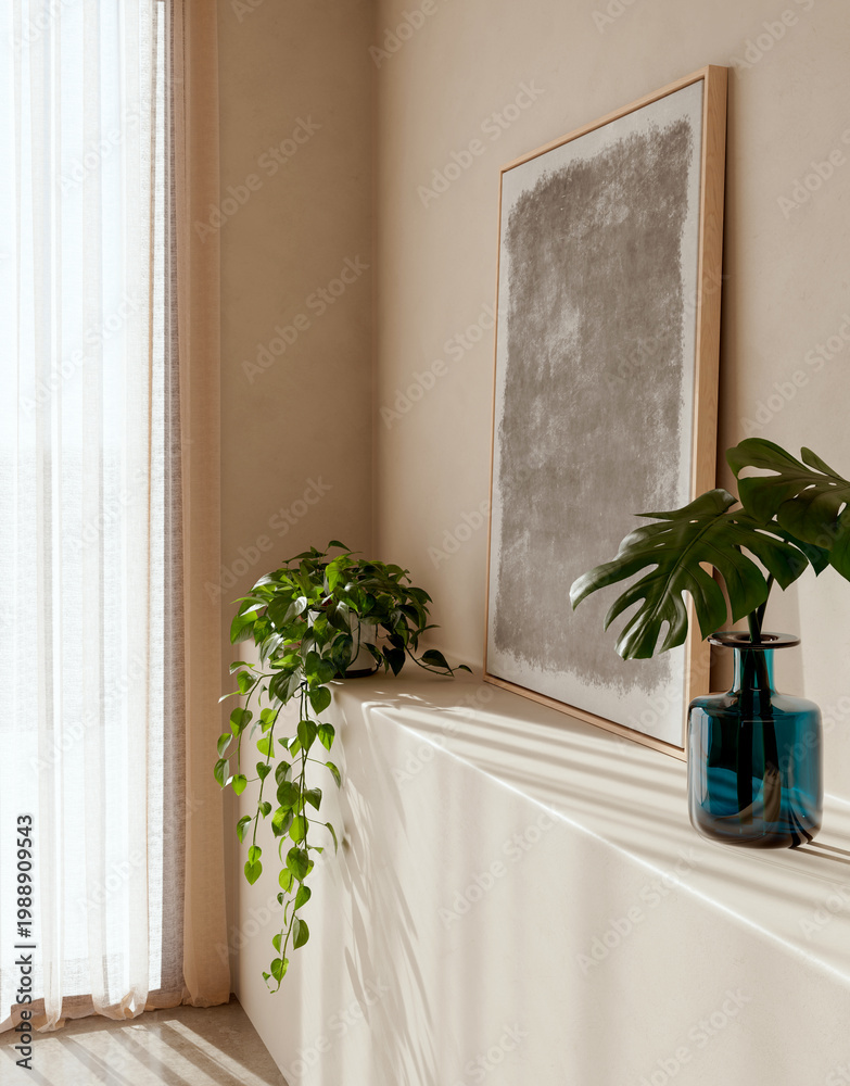 Naklejka premium 3D render, illustration Luxury modern living room interior, realistic lighting, wide angle, contemporary furniture, clean lines, minimalist decor, elegant home design, large window