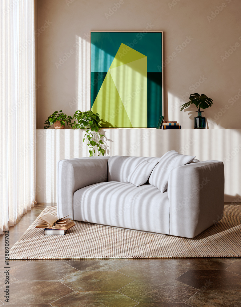 Obraz premium 3D render, illustration Luxury modern living room interior, realistic lighting, wide angle, contemporary furniture, clean lines, minimalist decor, elegant home design, large window