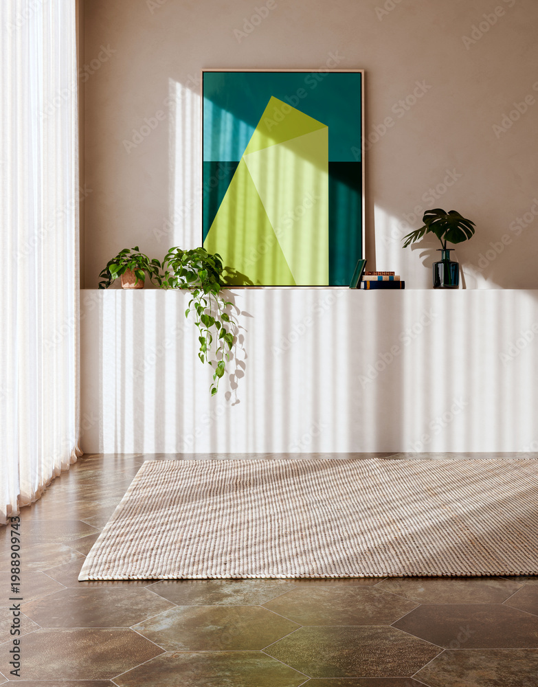 Naklejka premium 3D render, illustration Luxury modern living room interior, realistic lighting, wide angle, contemporary furniture, clean lines, minimalist decor, elegant home design, large window