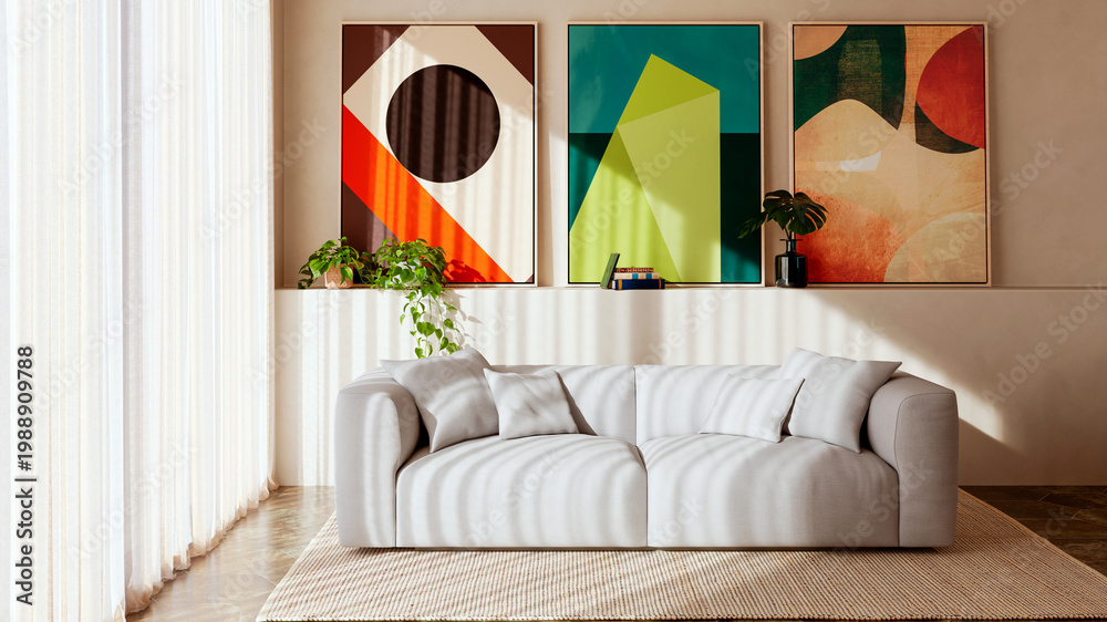 Obraz premium 3D render, illustration Luxury modern living room interior, realistic lighting, wide angle, contemporary furniture, clean lines, minimalist decor, elegant home design, large window