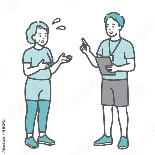 困り顔で男性トレーナーに相談するぽっちゃりシニア女性のイラスト