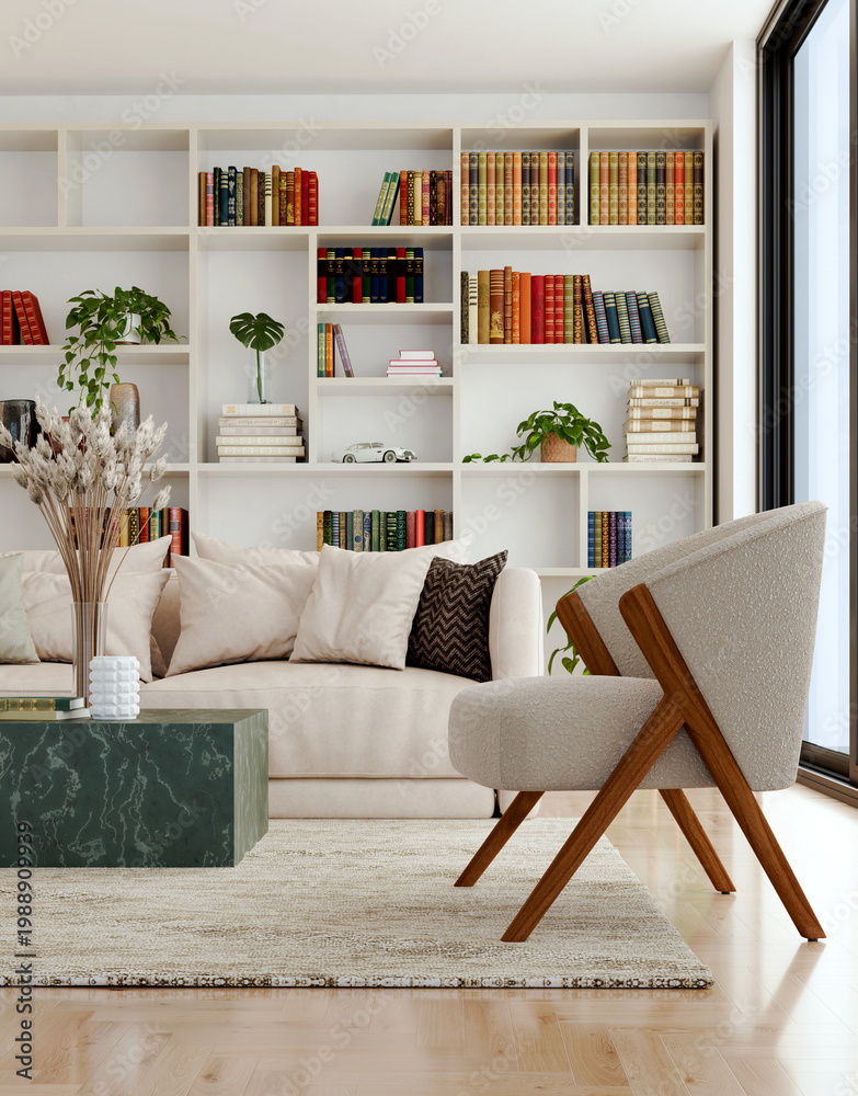 Naklejka premium 3D render, illustration Luxury modern living room interior, realistic lighting, wide angle, contemporary furniture, clean lines, minimalist decor, elegant home design, large window