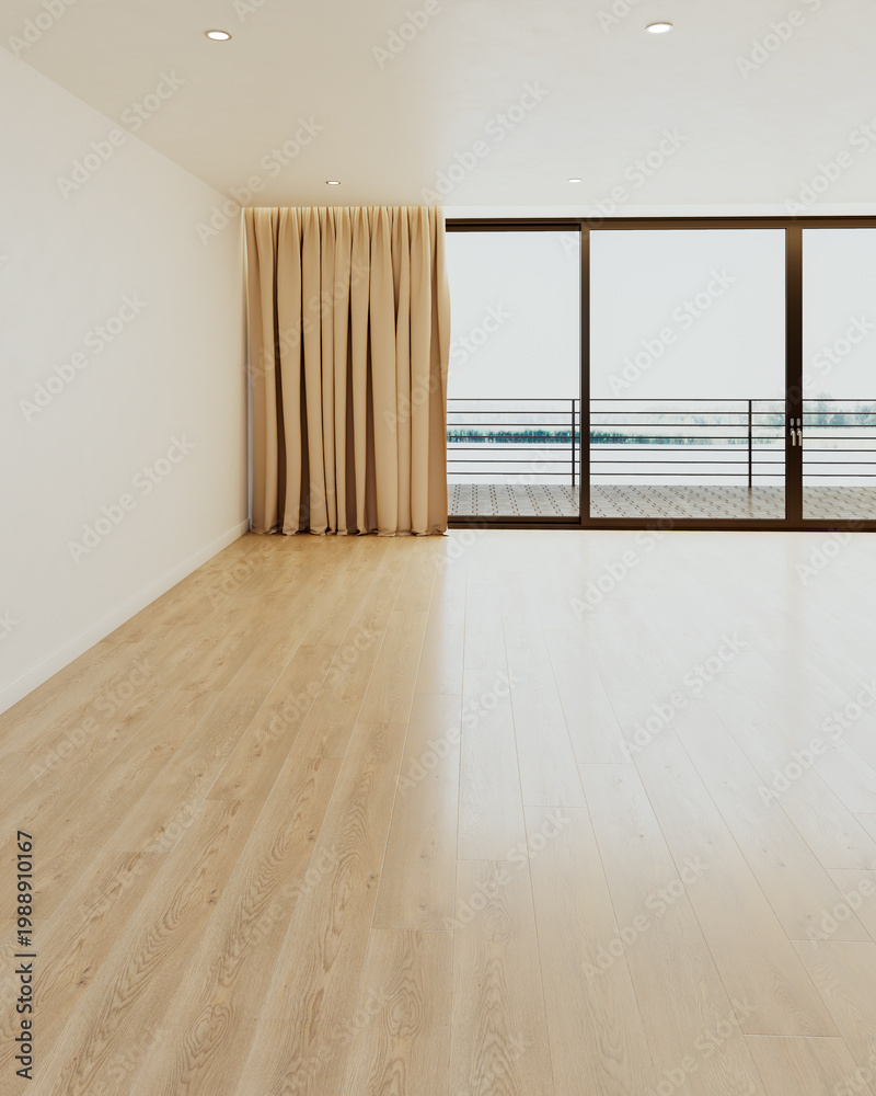 Naklejka premium 3D render, illustration Luxury modern living room interior, realistic lighting, wide angle, contemporary furniture, clean lines, minimalist decor, elegant home design, large window