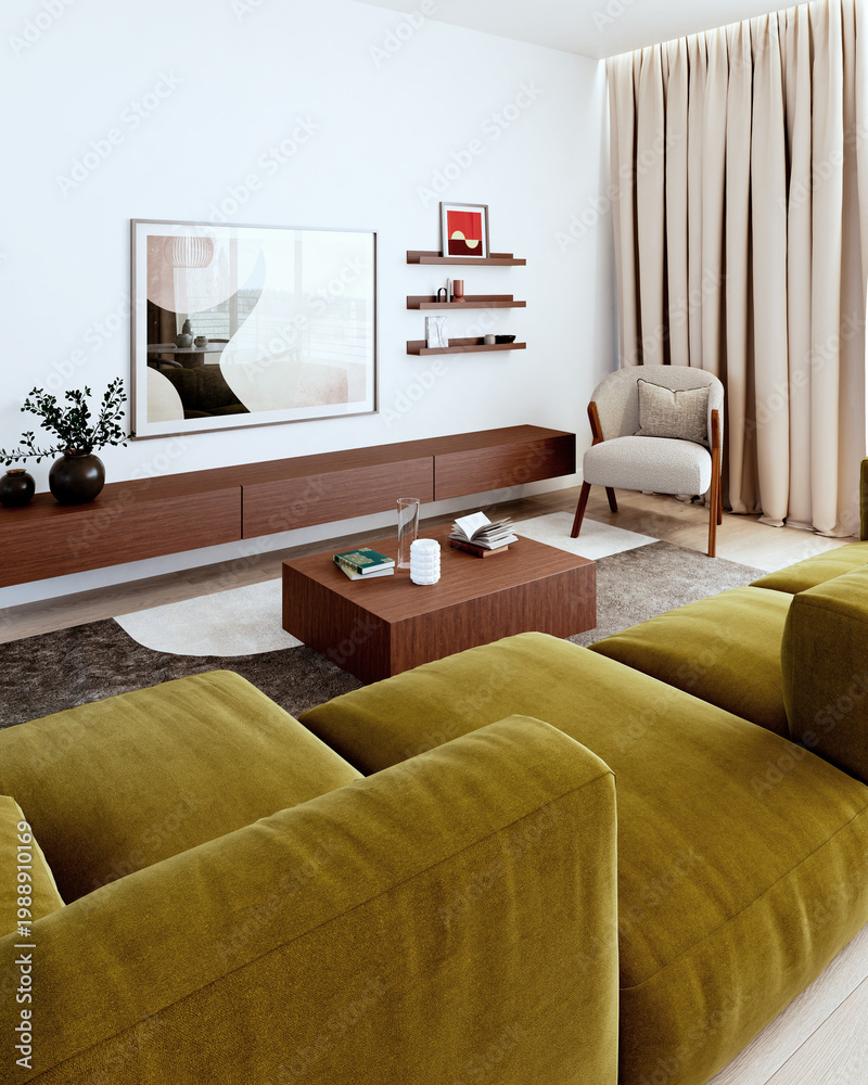 Naklejka premium 3D render, illustration Luxury modern living room interior, realistic lighting, wide angle, contemporary furniture, clean lines, minimalist decor, elegant home design, large window