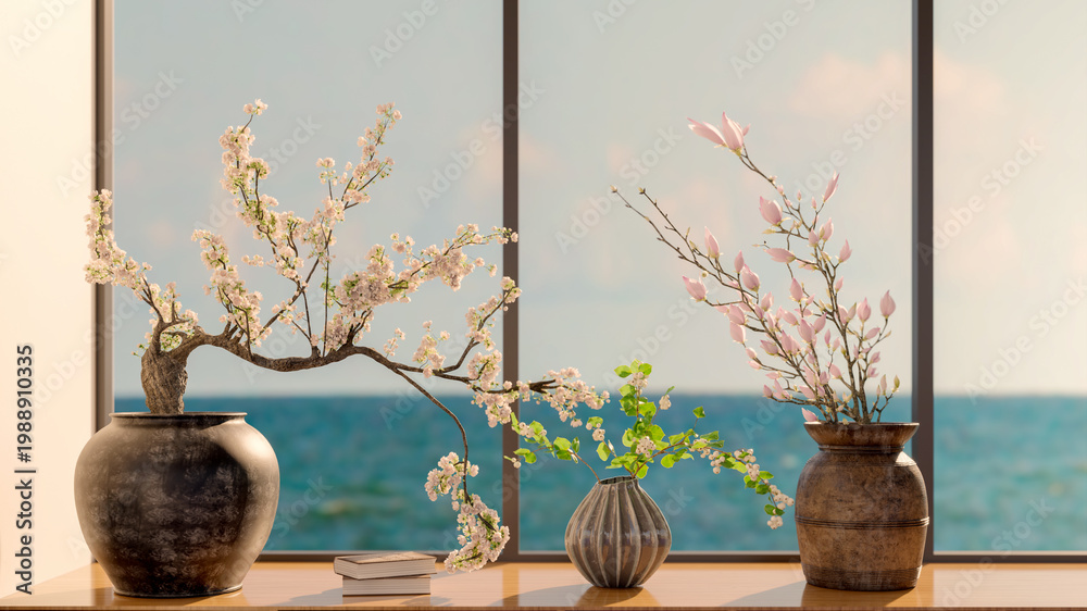 Naklejka premium 3D render, illustration Luxury modern living room interior, realistic lighting, wide angle, contemporary furniture, clean lines, minimalist decor, elegant home design, large window