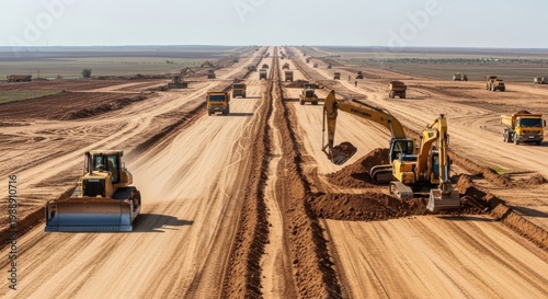 Heavy machinery operates at a large construction site for a new highway project.