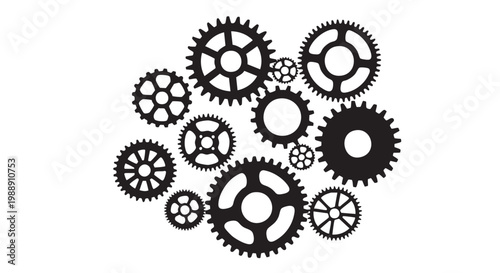collection of black gears on white background line art with silhouette vector