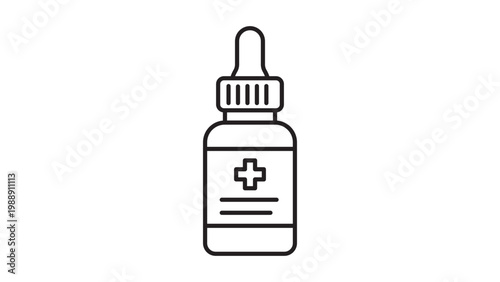 Minimalist Medicine Bottle with Dropper Cap and Medical Cross Symbol, Black Line Vector Icon Illustration on White Background, Featuring Editable Stroke for Customizable Line Weight and Style.