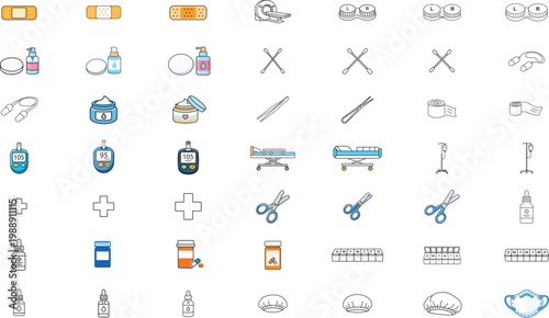 49 Medical and Skincare Vector Icon Collection with Editable Stroke. Minimalist line icons for healthcare, first aid, pharmacy, and beauty. Includes glucometer, bandages, and hospital equipment.