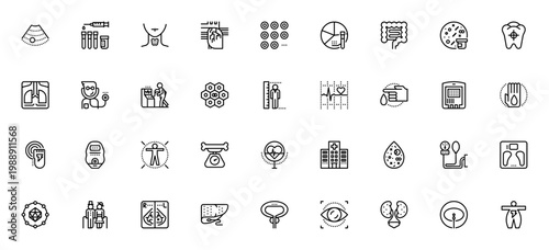 Healthcare icon set. Medical vector icons pack. Includes symbols for ultrasound, blood test, heart, lungs, doctor, hospital, blood pressure, and more. Editable stroke.