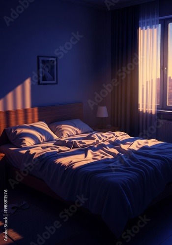 Low light bedroom setting with long shadows across an unmade bed, evoking a sense of deep solitude, melancholy, and quiet despair at night, isolation, dimly lit, floor