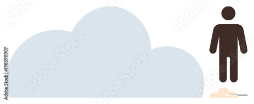 Technology, cloud storage, connectivity, data transfer, remote access, digital solutions. A man standing beside a large cloud shape. Technology and cloud storage conceptually