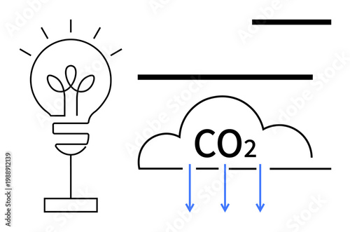 Energy efficiency, sustainability, carbon emissions, renewable resources, innovation, decarbonization. Light bulb symbol and cloud with CO2 and arrows. Energy efficiency and sustainability concept