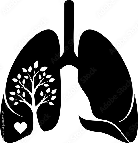 Healthy lungs icon with a growing tree and a heart shape in a medical illustration.