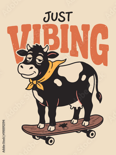Cow Riding on a Skateboard Smiling.