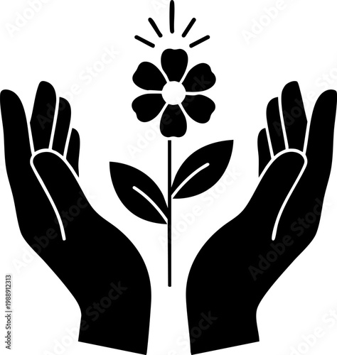 Hands holding flower blossom growth concept for environmental protection and nature care.