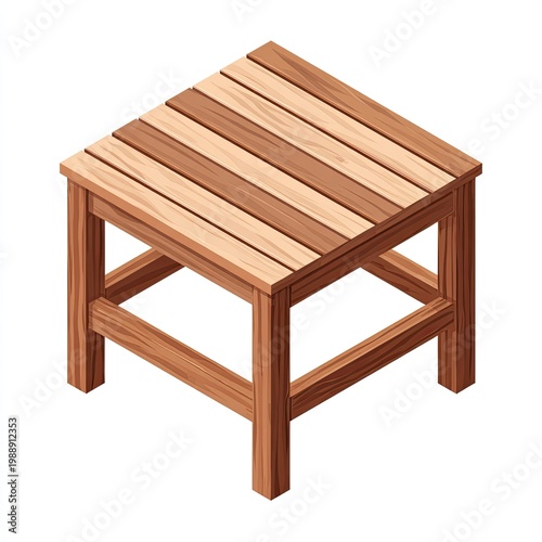 Isometric wooden stool with planked top and leg supports on a white background