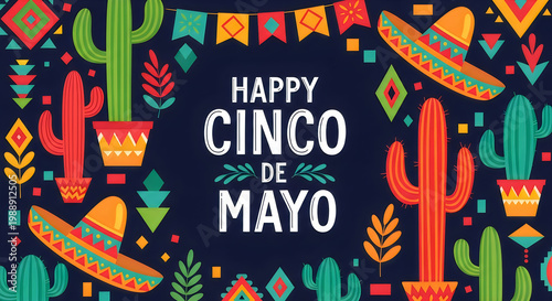 Happy cinco de mayo vibrant celebration with cacti sombreros and festive banners