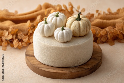 Ivory cake adorned with small pumpkins on a wooden platter surrounded by fall foliage