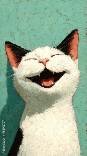 Happy cat smiles brightly against a blue green background bringing joy to all who see it