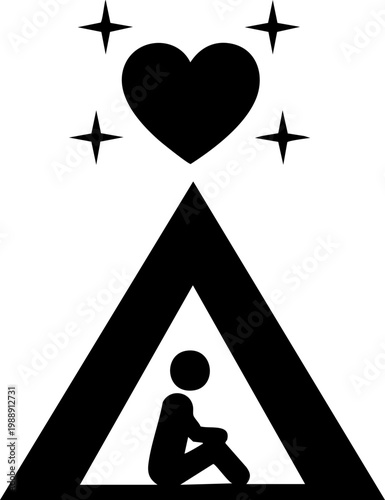 Person sitting inside shelter with heart and stars icon for homelessness support concept.